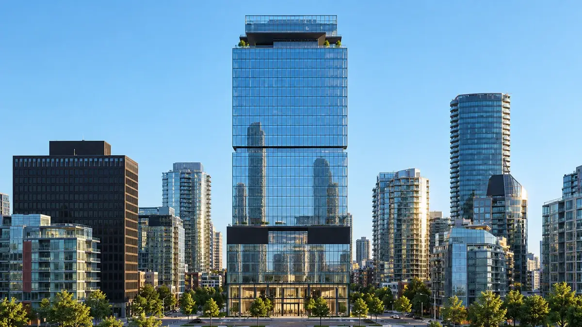 Upright glass high-rise with an upscale entrance in a city setting — AI-edited illustrative placeholder