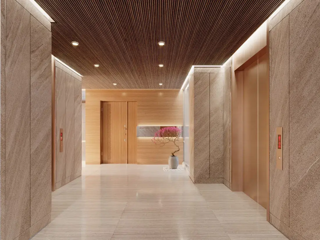 Modern lobby with elevators and warm wood finishes — stock photo placeholder